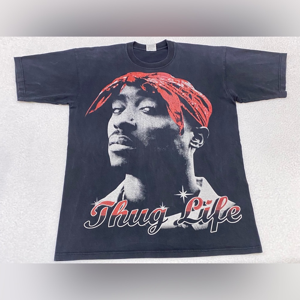 VINTAGE Tupac Shakur Thug Life Double Line T-Shirt Mens 2XL Tall Black 90’s Y2K